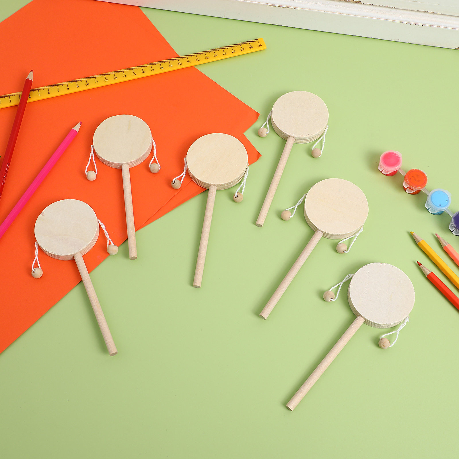 Musical Instrument Diy For Kids - 1Set Rattle Drum Wooden DIY Unfinished